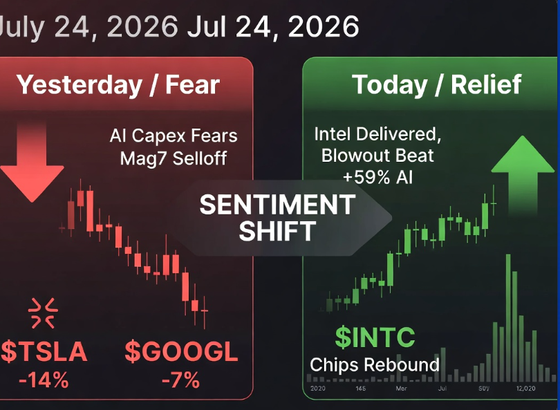 whjclwy's tweet photo. From AI spending fears ($GOOGL/$TSLA) to a strong Intel beat — sentiment can flip fast. Best trade of the morning so far? Share below! 🚀 #Trading https://t.co/pbrZDMoufF