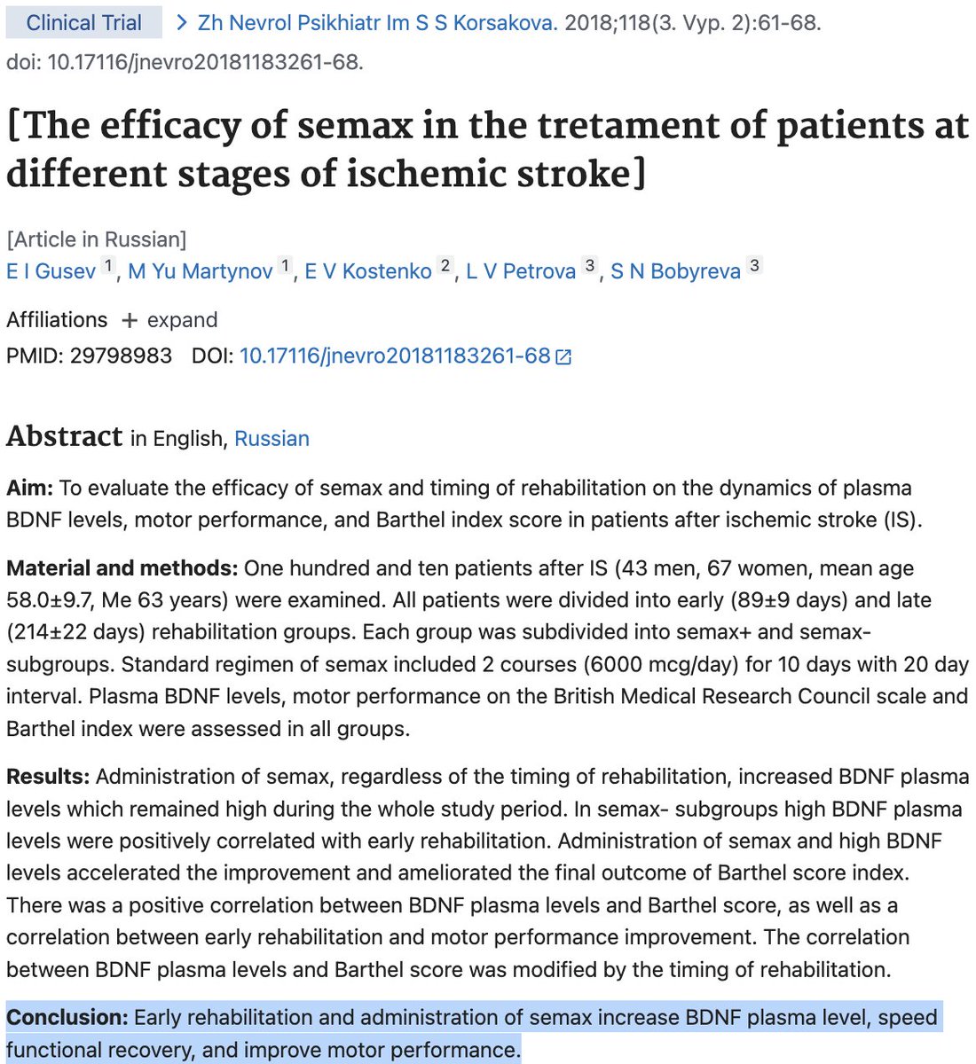 drmikehart's tweet photo. Semax is still waiting for FDA approval. 

Has more human evidence than most people realize.

Semax was studied in 110 stroke patients.

After one month, patients were more independent with:

Walking

Dressing

Eating

Using the bathroom.

BDNF nearly tripled. https://t.co/i59l0dPSJ6