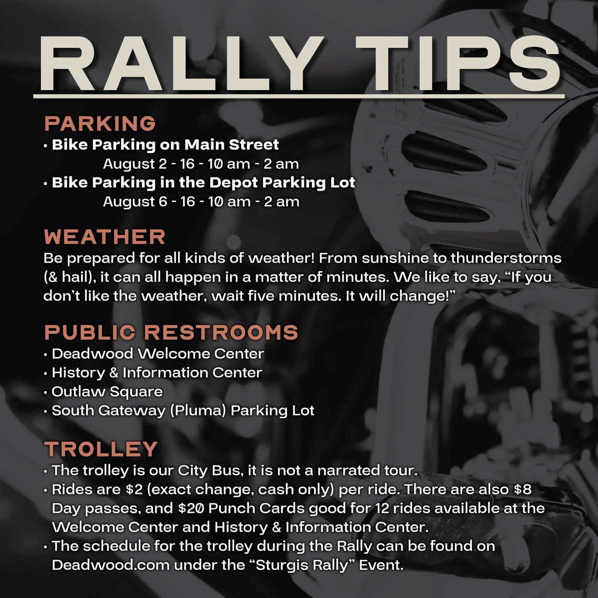DeadwoodSD's tweet photo. 🏍️ Rally is in full swing!
A little planning goes a long way toward making your ride safe, smooth, and unforgettable.
Have a favorite Rally tip of your own? Share it in the comments and help out your fellow riders! 🤘
#HistoricDeadwood #SturgisRally #RallyTips #RideSmart #RideDeadwood #BlackHills