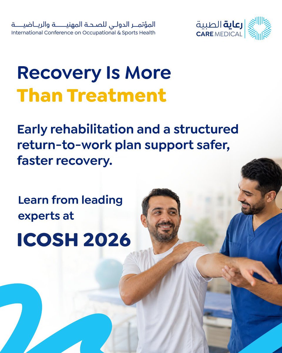 CareAcademy3's tweet photo. Recovery goes beyond medical treatment

Early rehabilitation and a structured return-to-work plan can help individuals regain function, reduce the risk of reinjury, and return to work safely and confidently

Learn from leading experts at
https://t.co/hjU4uxqzm8

#CareMedicalAcademy
#ICOSH26