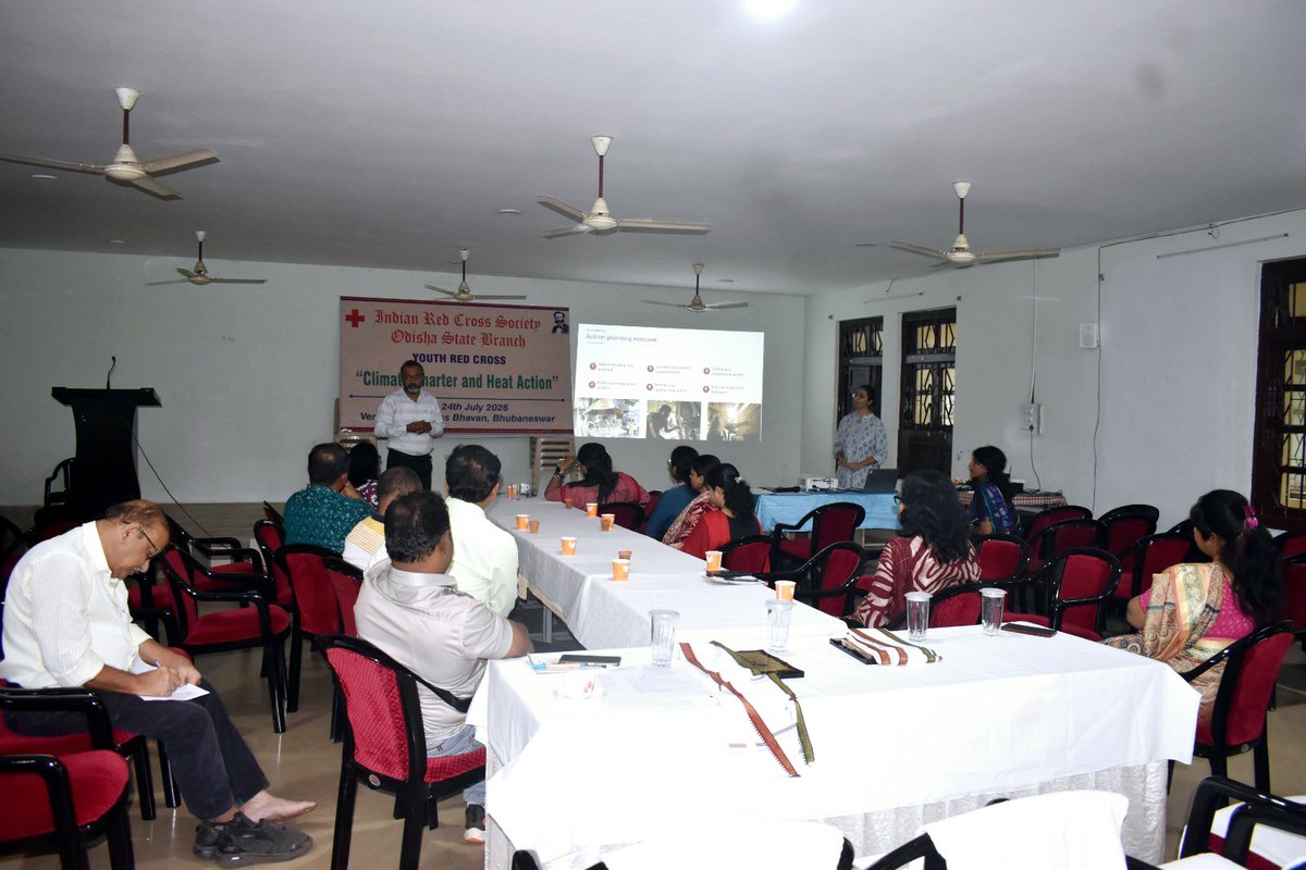OdishaRedcross's tweet photo. On 24.07.2026, AIDMI and the Indian Red Cross Society, Odisha State Branch jointly organised a session on "Climate Charter and Heat Action" to strengthen preparedness against extreme heat and promote climate resilience.
#ClimateAction #HeatAction #RedCross #Odisha #AIDMI https://t.co/m5xfvTGCgJ