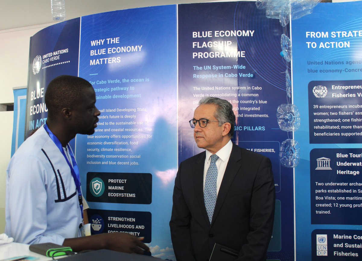 UNCaboVerde's tweet photo. Honoured to welcome 🇨🇻H.E. President and UNESCO Director General to the United Nations stand at the 5th #OceanDecade Conference.  
The visit highlighted the importance of partnerships to advance a sustainable, inclusive and resilient #BlueEconomy for Cabo Verde.

@UNESCO_Dakar https://t.co/D5Ixi53377