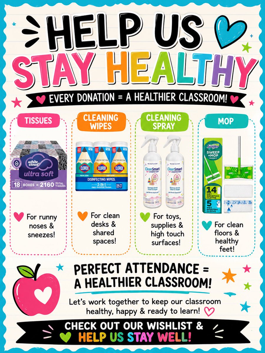 a_fountain94's tweet photo. Germs aren’t invited this school year! 🦠If you’d like to help our classroom stay clean and healthy, our biggest needs are tissues, disinfecting wipes, cleaning spray, and a mop. Every donation means so much!
#Teachersof𝕏 #clearthelist #teacher #wish

https://t.co/W5Afx4Ht7D https://t.co/NRdIRS0mOv