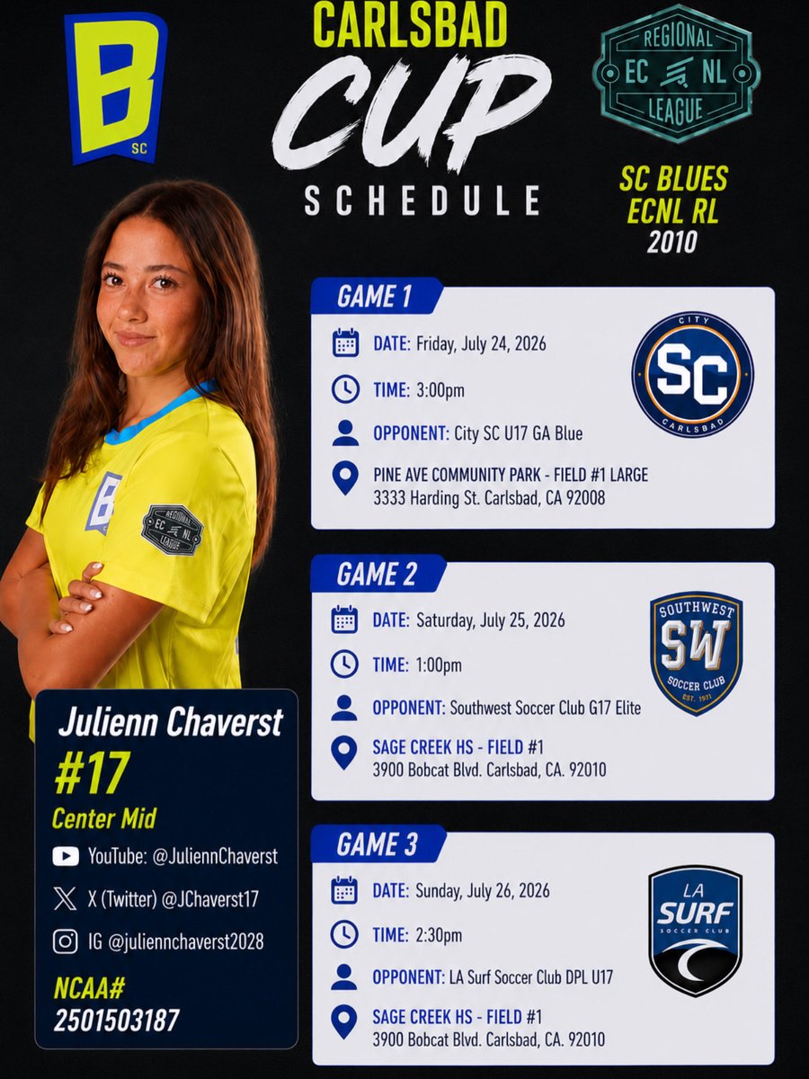 JChaverst17's tweet photo. Carlsbad Cup starts TODAY 💙

#17 | Center Mid | SC Blues ECNL RL 2010 | Class of 2028
🎥 Highlights: YouTube @JuliennChaverst https://t.co/BGJSsBtnX7