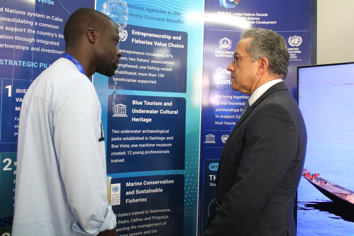 UNCaboVerde's tweet photo. Honoured to welcome 🇨🇻H.E. President and UNESCO Director General to the United Nations stand at the 5th #OceanDecade Conference.  
The visit highlighted the importance of partnerships to advance a sustainable, inclusive and resilient #BlueEconomy for Cabo Verde.

@UNESCO_Dakar https://t.co/D5Ixi53377