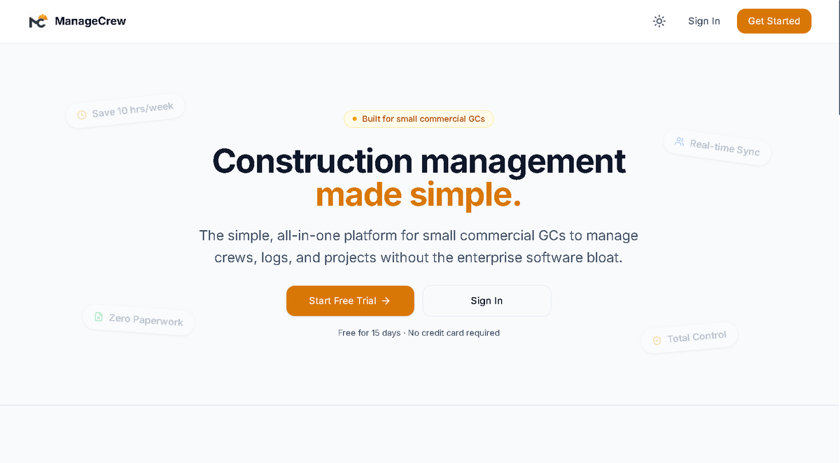 yusuf_sdev's tweet photo. everyone, here is the first look of the ManageCrew landing page - my first Saas

building specifically for small commercial GCs who are tired of juggling spreadsheets and text threads.  
Schedule crews, track daily logs, and manage projects all in one place, zero enterprise bloat.

drop your thoughts on the design below!

coming soon...