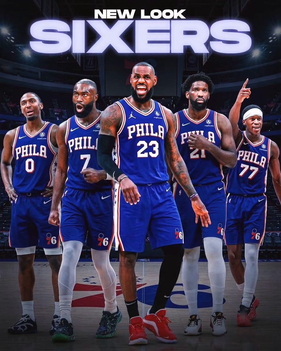 HaterReport's tweet photo. The Philadelphia 76ers NEW starting 5:

Tyrese Maxey 
V.J. Edgecombe 
Jaylen Brown
LeBron James
Joel Embiid

WHO IS STOPPING THIS TEAM?! https://t.co/PA9OcZw9Ci