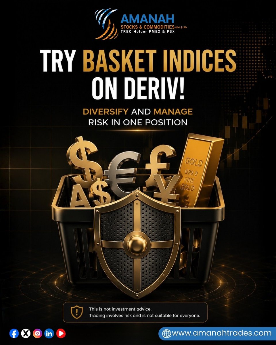 AmanahSandC's tweet photo. Why trade against one currency when you can trade against five? 🧺📈

If you’re looking to diversify your portfolio and protect your trades from sudden economic shocks, Basket Indices might be exactly what you need.

Swipe through to discover:
⚖️ How to weigh 1 asset equally against 5 major currencies.
🛡️ Why economic news affecting a single quote currency won’t ruin your entire trade.
📊 How to manage risk and diversify in just ONE single position.

Ready to trade smarter? Try Basket Indices on Deriv!

#BasketIndices #DerivTrading #RiskManagement #ForexTrading #AmanahTrades