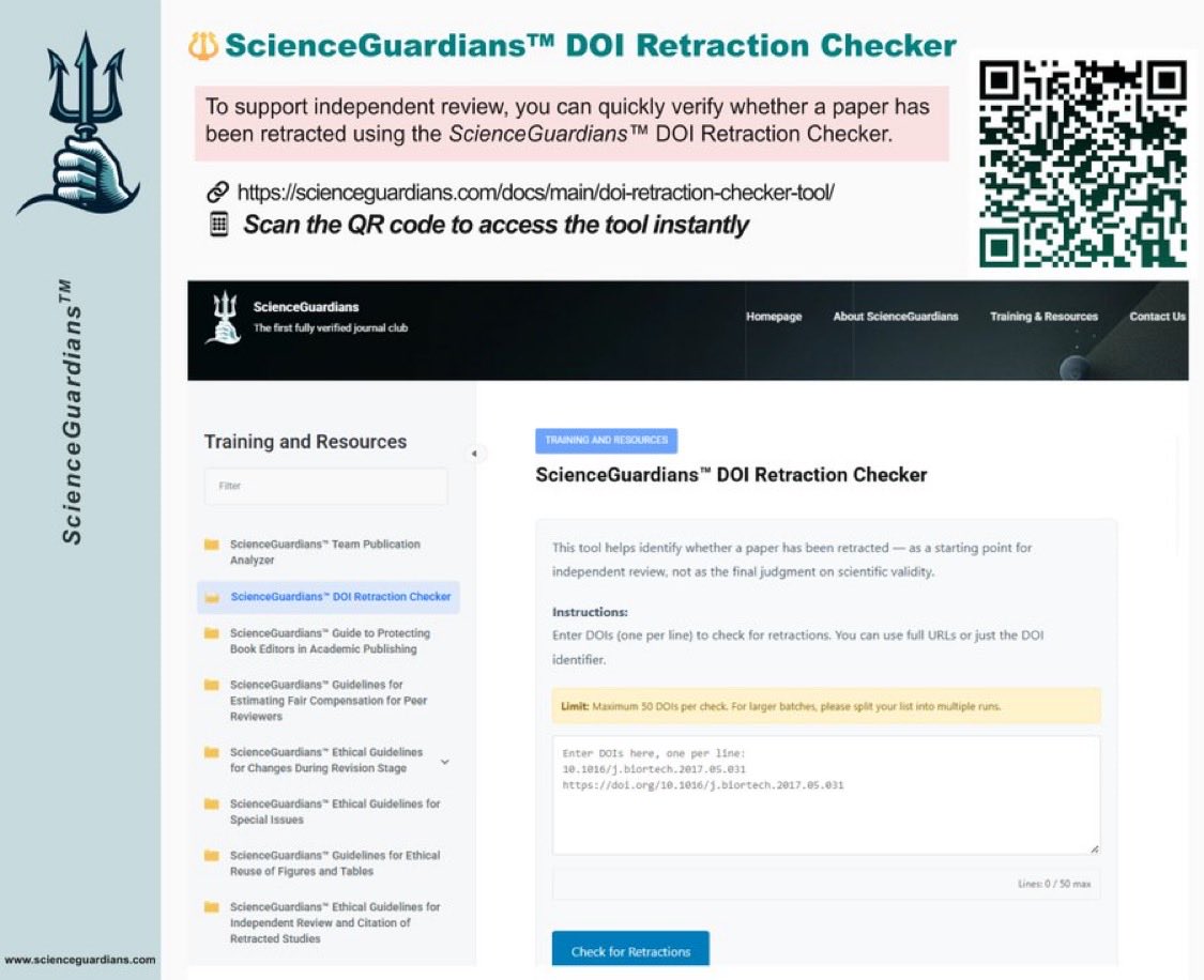 tatiann69922625's tweet photo. 🚨 NE LAISSEZ PAS UNE RÉFÉRENCE RETIRÉE DEVENIR VOTRE MAILLON FAIBLE

Citer une étude retirée sans le savoir ou la citer sans identification, justification et divulgation transparentes peut avoir de graves conséquences.

⚠️ Ces erreurs sont de plus en plus exploitées par des acteurs malveillants pour contester des publications et, dans certains cas, pour exiger des corrections ou des retraits.

🔱 Protégez vos travaux avant leur soumission, pendant leur révision et avant leur publication définitive.

Utilisez : 🔍 ScienceGuardians™ DOI Retraction Checker — pour identifier les références retirées
https://t.co/9MYD5qyKBR

📖 ScienceGuardians™ Ethical Guidelines for Independent Review and Citation of Retracted Studies — pour déterminer quand et comment citer de manière responsable des travaux rétractés
https://t.co/eUOTP4mope

L’intégrité des références n’est pas facultative.
Elle fait partie intégrante de l’intégrité de la recherche.

@SciGuardians
🔱 Responsabilité. Intégrité. Autonomisation. 🔱