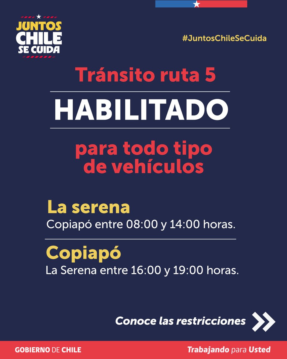 mop_chile's tweet photo. HORARIOS DEL TRÁNSITO YA HABILITADO EN RUTA 5 NORTE PARA TODO VEHÍCULO.

La rehabilitación del tránsito en la ruta entre Coquimbo y Atacama está avanzando. Para recuperar la conectividad y en paralelo, mantener los trabajos en la infraestructura vial. https://t.co/9YXfrHfgsw