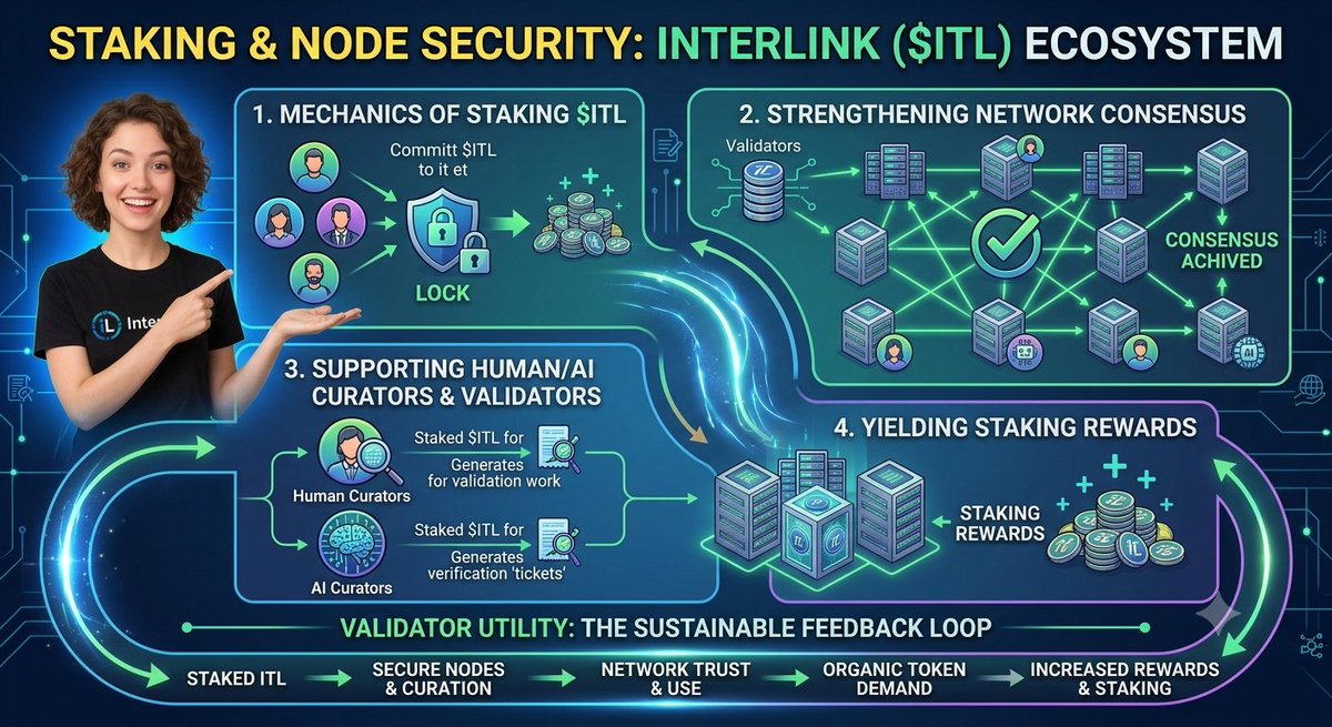 Siddu2P's tweet photo. Staking & Node Security in the InterLink ($ITL) Ecosystem
1. Stake $ITL to Support the Network
Users stake their $ITL tokens to participate in the InterLink ecosystem.
Staking demonstrates long-term commitment to the network.
Staked tokens help strengthen ecosystem security and support validator operations.
2. Strengthening Network Consensus
Validators use staked $ITL to help verify transactions and maintain blockchain integrity.
Multiple validator nodes work together to reach consensus.
This decentralized validation process keeps the InterLink network secure, transparent, and reliable.
3. Supporting Human & AI Curators
InterLink combines Human Curators and AI Curators to improve ecosystem quality.
Human Curators
Review and verify user activities.
Help maintain trust and authenticity.
Contribute to governance and validation tasks.
AI Curators
Automate verification processes.
Detect suspicious activities.
Improve efficiency and scalability.
Staking $ITL helps support these validation and curation functions.
4. Earning Staking Rewards
Participants who stake $ITL may receive staking rewards according to the ecosystem's rules.
Rewards encourage long-term participation and strengthen network security.
Greater participation contributes to a healthier and more resilient ecosystem.
InterLink Sustainable Feedback Loop
The ecosystem follows a continuous growth cycle:
Stake $ITL → Secure Validators & Curators → Stronger Network Security → Increased Trust & Adoption → Higher Ecosystem Utility → Sustainable Rewards → More Staking Participation
Key Benefits
Enhanced blockchain security.
Decentralized validator participation.
Support for Human and AI-powered verification.
Sustainable ecosystem growth.
Increased trust for developers, businesses, and users.
Long-term value creation through active network participation.
#InterLink #ITLG #ITL 
@kv_interlink @reina_itl @Joel_Dupalco @MaheshMagnus1 @dslakshmi29 @AdvikaK88854 @JTodupunuri @Venkat969789360 @Megam95 @AmarM18277