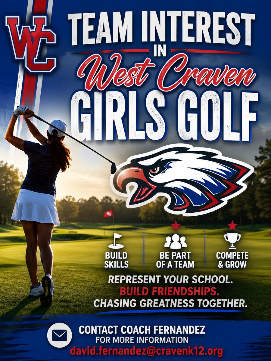 WC_Eagle_Sports's tweet photo. Girls Golfers wanted! If you have interest in being apart of the 2026 team, please contact Coach Fernandez. #EagleNation #CravenCountySchools https://t.co/xTXSykbSvu