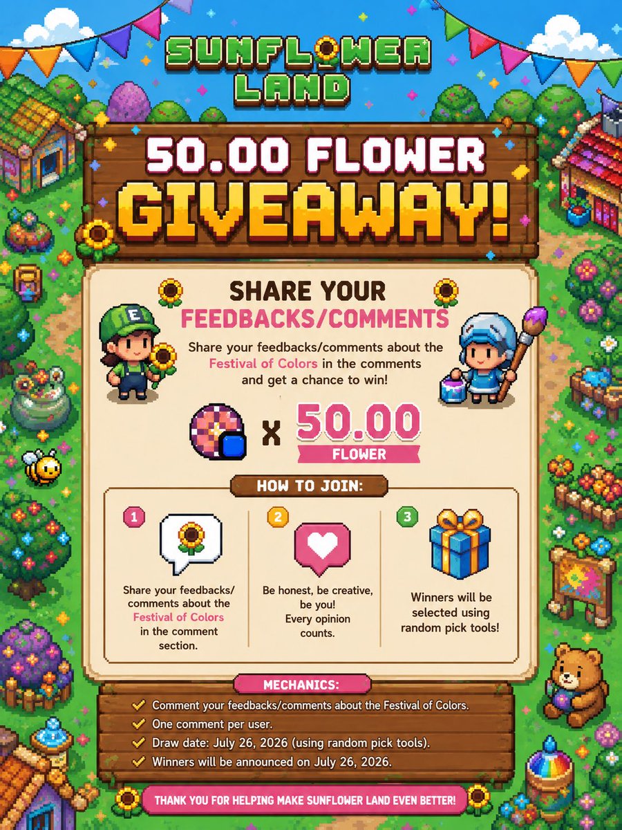 purikku22's tweet photo. Hola Bumpkins! 🌻

I received some $FLOWER from one of the devs behind the recently concluded Festival of Colors in @0xSunflowerLand, and I’d love to share it with the community through a simple giveaway! 🎁

How to join:

✅Follow me and @umax1695 (the generous dev who provided the $FLOWER ❤️)

✅Share your feedback/comments about the Festival of Colors in the comment section. Your suggestions could help the devs make future events even better!

📅 Draw Date: Sunday, July 26
🎁 Prize: 50 $FLOWER for 1 lucky winner

🎲 The winner will be selected using a random picker tool and announced on the same day.

Good luck everyone! 🍀🌻