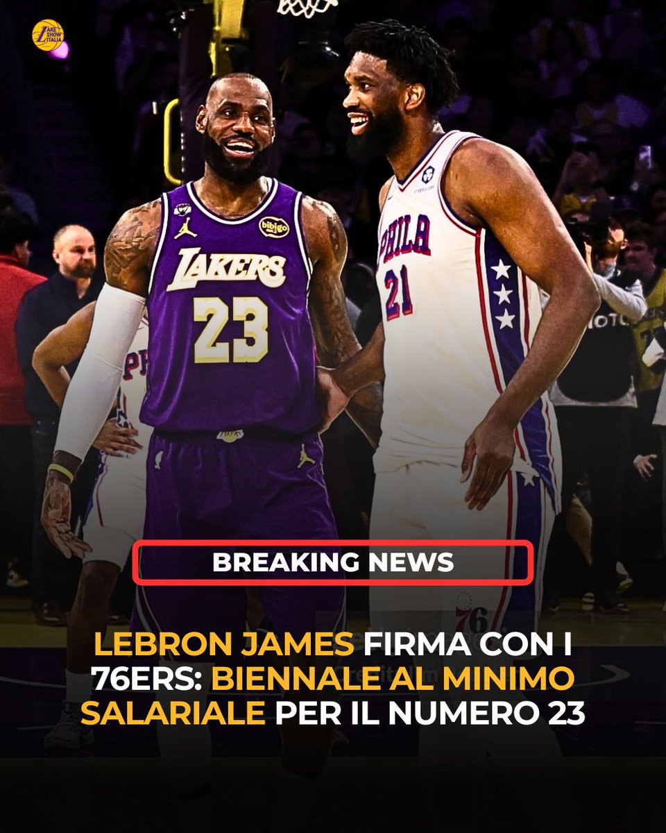LakeShowIta's tweet photo. 💥 LeBron James ha deciso, giocherà con i Philadelphia 76ers.

💵 Per l'ex numero 23 dei Lakers, contratto biennale al minimo salariale. https://t.co/PLMrl4t369