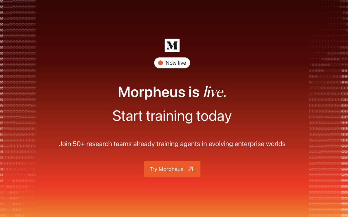 skyfallai's tweet photo. Morpheus is live. 

Join 50+ research teams that are already in the platform pushing the boundaries of what agents can learn in real enterprise environments. https://t.co/jcfMtHt1gv