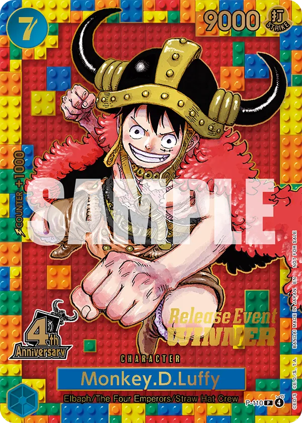 onepiecetcgdeal's tweet photo. 4th Anniversary Tournament Pack revealed! 🏆

Participation:
• P-110 Monkey.D.Luffy​
• 4th Anniversary Rainbow Leader Card​
• World United DON!! Cards

Winner:
P-110 Monkey.D.Luffy（Silver foil + Gold stamp）​

Period:
August 21 – September 13, 2026 https://t.co/Bd9oCD0NGq