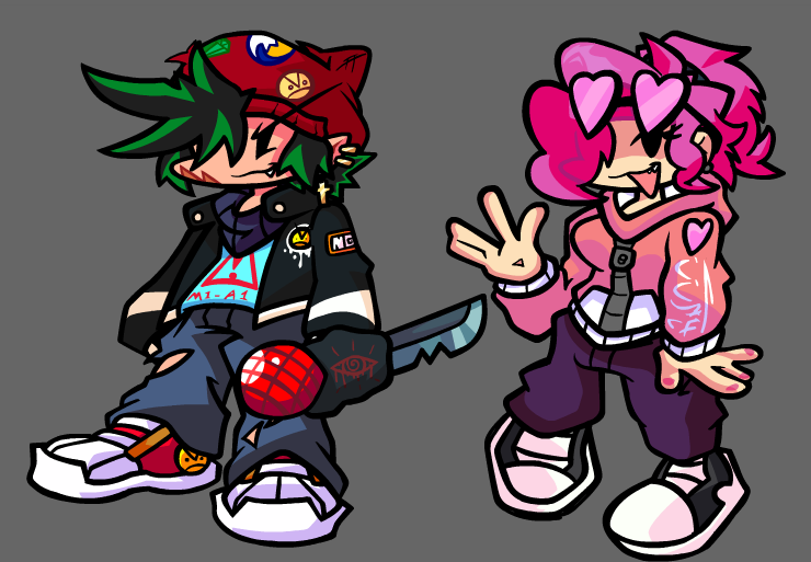 OCHelluvaMania's tweet photo. Keith is in his Hijinx outfit once more, and he's now got company. Pepper, his gf, is now here with her Hijinx outfit. #FNF #fridaynightfunkin @GameBananaFNF @Funkininterview @THEREALTIMELIME. Hijinx Squad by @JuelztheSpark and designs by @DahRealKeithMid. https://t.co/8RGgnyTMJV
