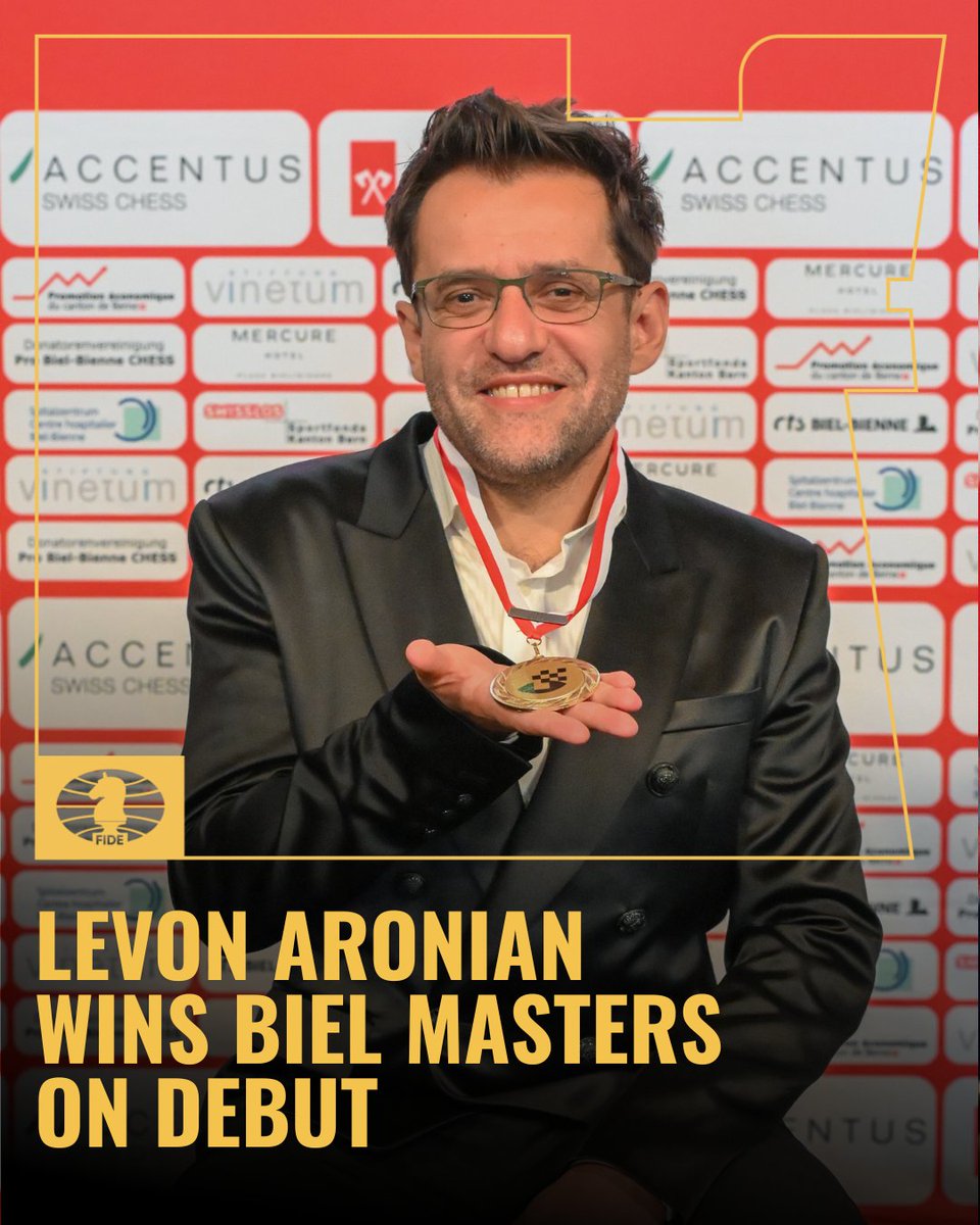 FIDE_chess's tweet photo. 🏆 Levon Aronian wins the 2026 Biel Masters Triathlon on his debut!

The American grandmaster finished first ahead of 🇦🇿 Aydin Süleymanli and 🇹🇷 Yagiz Kaan Erdogmus, thanks to outstanding performances in the rapid and blitz portions of the event.
Meanwhile, 🇨🇿 Václav Finěk captured the Generations Challenge, finishing ahead of 🇨🇳 Xiao Tong and 🇫🇷 Marco Materia.

📷 @BielFestival

🔗 Read the full report: https://t.co/lKoMRMGYtN