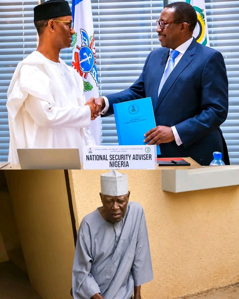 ishaqsamaila5's tweet photo. A Lesson for Those in Government

The first photograph is of Mallam Nuhu Ribadu, the current National Security Adviser to President Bola Ahmed Tinubu.

The second photograph is of Alhaji Sama'ila Gwarzo, who served as National Security Adviser during the administration of General Sani Abacha.

In 1986, Alhaji Sama'ila Gwarzo became the first Director-General of the State Security Service (SSS), now known as the Department of State Services (DSS).

He later served as Minister of Police Affairs under the administration of General Ibrahim Babangida.

During General Sani Abacha's government, he held the position of National Security Adviser (NSA) from 1993 to 1998.

What advice would you give to those currently in power?

Share this message so they may reflect on it—for one day, today's leaders will become part of history.