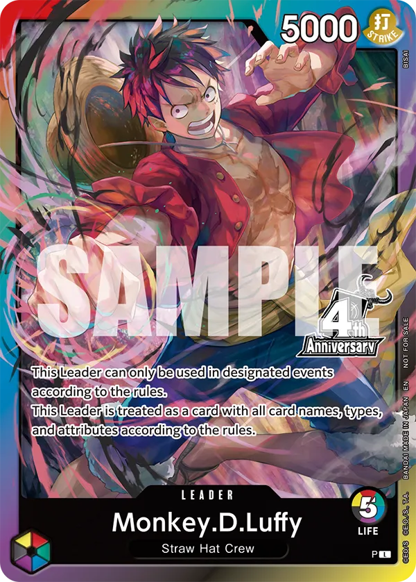 onepiecetcgdeal's tweet photo. 4th Anniversary Tournament Pack revealed! 🏆

Participation:
• P-110 Monkey.D.Luffy​
• 4th Anniversary Rainbow Leader Card​
• World United DON!! Cards

Winner:
P-110 Monkey.D.Luffy（Silver foil + Gold stamp）​

Period:
August 21 – September 13, 2026 https://t.co/Bd9oCD0NGq