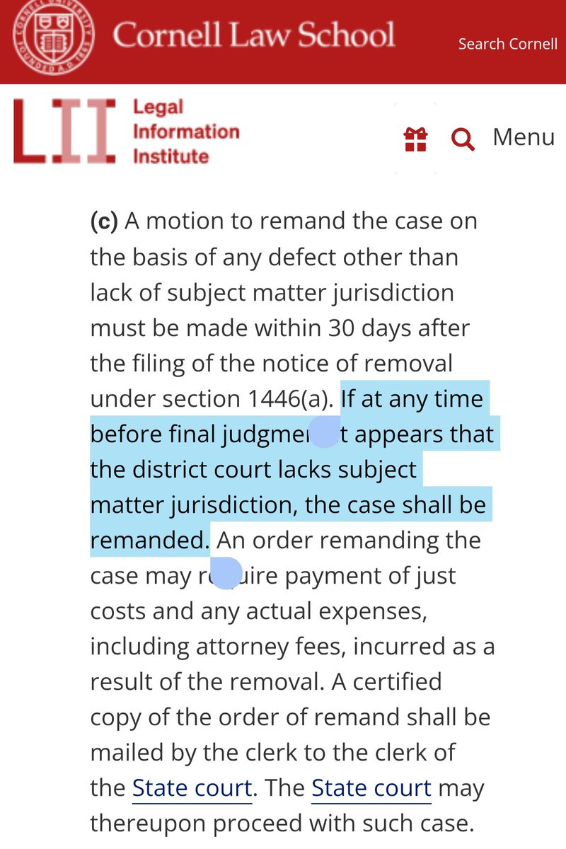 ZebraThegreen's tweet photo. @legalstyleblog @dabrote I'm not familiar with all removal statutes, but doesn't this result in remand to state court at least under some/most removal statutes, that's what I've seen. See 28 USC 1447(c) https://t.co/wrIJxSzvzc