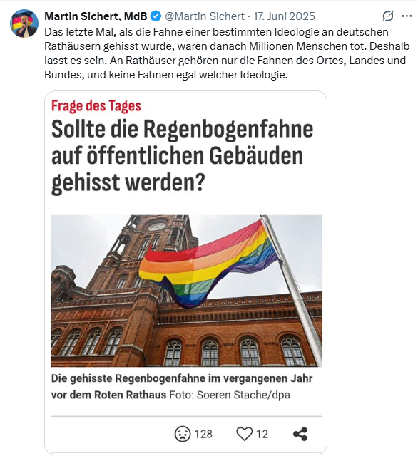 AntiSED_666's tweet photo. @Fussnote42 @Martin_Sichert Hier bezieht er sich auf die Fragestellung in einem Presseartikel und spricht allgemein über Fahnen von Ideologien und erinnert daran, was schon einmal passiert ist, weil eine Ideologie sich über die Demokratie gesetzt hat. Wo genau vergleicht er es mit einer Regenbogenfahne? https://t.co/8RU9gl613E
