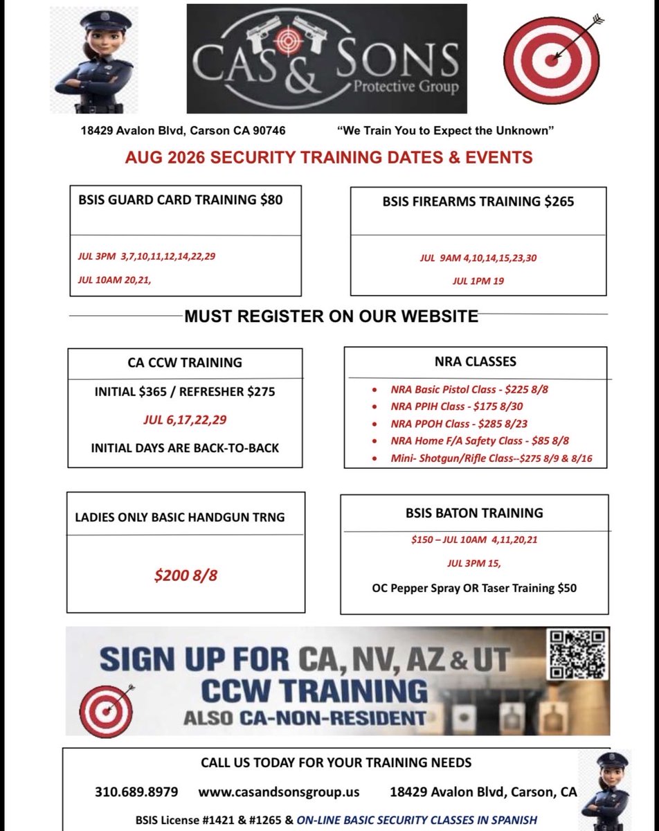 cas_sons's tweet photo. New August Training Schedule Is Here. Register for in person class or call to make an appointment. We offer online classes as well. ✅ https://t.co/OCv5r6X1AF