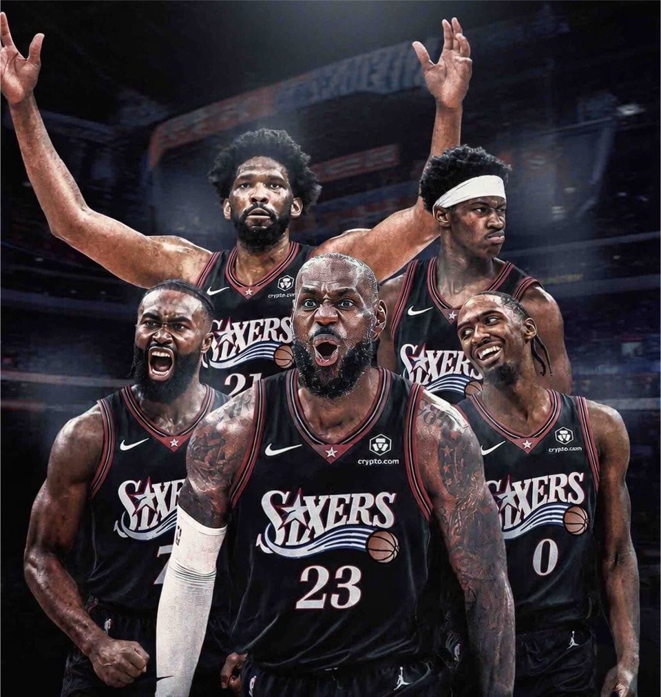 PolymarketSport's tweet photo. 🚨JUST IN: The Philadelphia 76ers new starting 5! 

PG: Tyrese Maxey 
SG: V.J. Edgecombe 
SF: Jaylen Brown
PF: LeBron James
C: Joel Embiid

WOW! https://t.co/iQBK2xmu3t