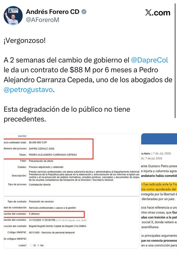 Horadelaverdad's tweet photo. El senador del Centro Democrático, Andrés Forero, calificó de "vergonzoso" que la Presidencia adjudicara un contrato por $88 millones a Alejandro Carranza, abogado de Gustavo Petro, para apoyar la elaboración de informes dirigidos a organismos de control. https://t.co/AR4WEU1R0t