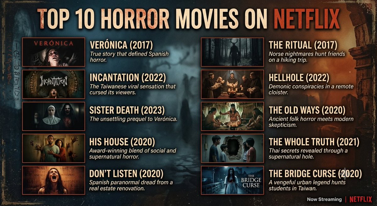 Deepak77789's tweet photo. Any movie missing from this Netflix Horror Top 10?

Worth watching or overhyped?  

Drop your favorite in the comments  

#OTT #WeekendWatch #MovieNight #BingeWatch #WhatToWatch https://t.co/rdZ8voozyq