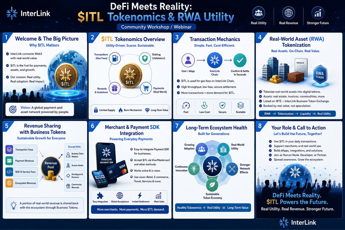 Siddu2P's tweet photo. InterLink: DeFi Meets Reality with $ITL
1. Welcome to the InterLink Vision
InterLink is building a blockchain ecosystem where Web3 connects with the real economy.
🌍 Bridges blockchain with real-world businesses.
💎 $ITL powers payments, tokenization, and ecosystem growth.
🚀 Focused on real adoption, real utility, and long-term sustainability.
Vision: A global payment and digital asset network powered by people.
2. $ITL Tokenomics
$ITL is designed as a utility-first token, not a speculative asset.
Key utilities include:
⛽ Gas fees on InterLink Chain
🛡️ Validator staking
💳 Real-world payments
🎁 Community rewards and incentives
Core Features
Limited token supply
Burn mechanism to reduce circulating supply
Sustainable long-term value creation
3. Fast & Secure Transaction System
Every transaction follows a simple process:
User / dApp → InterLink Chain → Instant Confirmation
Benefits:
⚡ Fast settlement
💰 Low transaction costs
🔒 Secure blockchain infrastructure
📈 Increased network activity drives greater demand for $ITL.
4. Real-World Asset (RWA) Tokenization
InterLink enables businesses to tokenize physical and financial assets.
Supported assets include:
🏢 Real estate
📄 Invoices
🪙 Commodities
🏭 Business assets
These digital assets can be listed through the InterLink Business Token Exchange (IBTE), bringing real-world value onto the blockchain.
RWA → Tokenization → Liquidity → Real Utility
5. Revenue Sharing Through Business Tokens
InterLink creates a sustainable ecosystem where real business revenue benefits the community.
Revenue sources include:
Transaction fees
Payment processing
SDK service fees
Ecosystem revenue
These revenues are shared with:
Business Token holders
Human Nodes
Developers & ecosystem partners
Community reward programs
This links blockchain rewards directly to real economic activity.
6. Merchant & Payment SDK
The InterLink Payment SDK allows businesses to integrate blockchain payments easily.
Features:
Easy integration
Accept $ITL payments
Supports online and in-store merchants
Suitable for retail, travel, e-commerce, and service industries
Result: More merchants → More transactions → Higher $ITL utility
7. Long-Term Ecosystem Growth
InterLink is designed for sustainable expansion through:
Growing adoption
Real-world utility
Strong network effects
Continuous innovation
Sustainable token economy
Healthy tokenomics combined with real utility creates long-term value for the ecosystem.
8. Join the InterLink Ecosystem
Everyone can participate by:
Using $ITL in everyday transactions
Supporting merchants that accept InterLink payments
Building decentralized applications (dApps)
Becoming a Human Node, Developer, Business Partner, or Ambassador
Helping expand global adoption
InterLink Mission
"DeFi Meets Reality."
$ITL powers the future through real utility, real revenue, and sustainable ecosystem growth.
#InterLink #ITLG #ITL 
@kv_interlink @reina_itl @Joel_Dupalco @MaheshMagnus1 @dslakshmi29