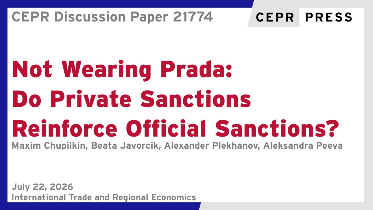 cepr_org's tweet photo. New CEPR Discussion Paper - DP21774 
Not Wearing Prada: Do Private Sanctions Reinforce Official Sanctions?
@maxchupilkin, @BJavorcik @OxfordEconDept @UniofOxford @EBRD, @alplekhanov @EBRD, Aleksandra Peeva @HumboldtUni
https://t.co/7BILoaoA5e 
#CEPR_ITRE #EconTwitter https://t.co/XrbDTMxKwn