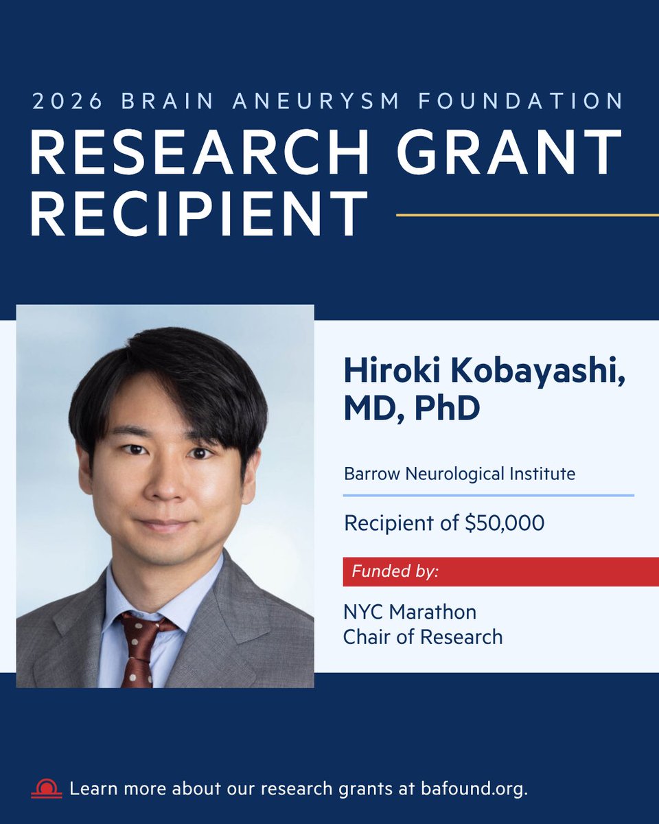 BAFOUND's tweet photo. Congratulations to Dr. Hiroki Kobayashi of @BarrowNeuro, recipient of a $50,000 research grant to study a potential new non-surgical target for preventing aneurysm rupture. His work is funded by the NYC Marathon Chair of Research. Read more: https://t.co/piFSV8HW5Z https://t.co/lXz0rKCzlq