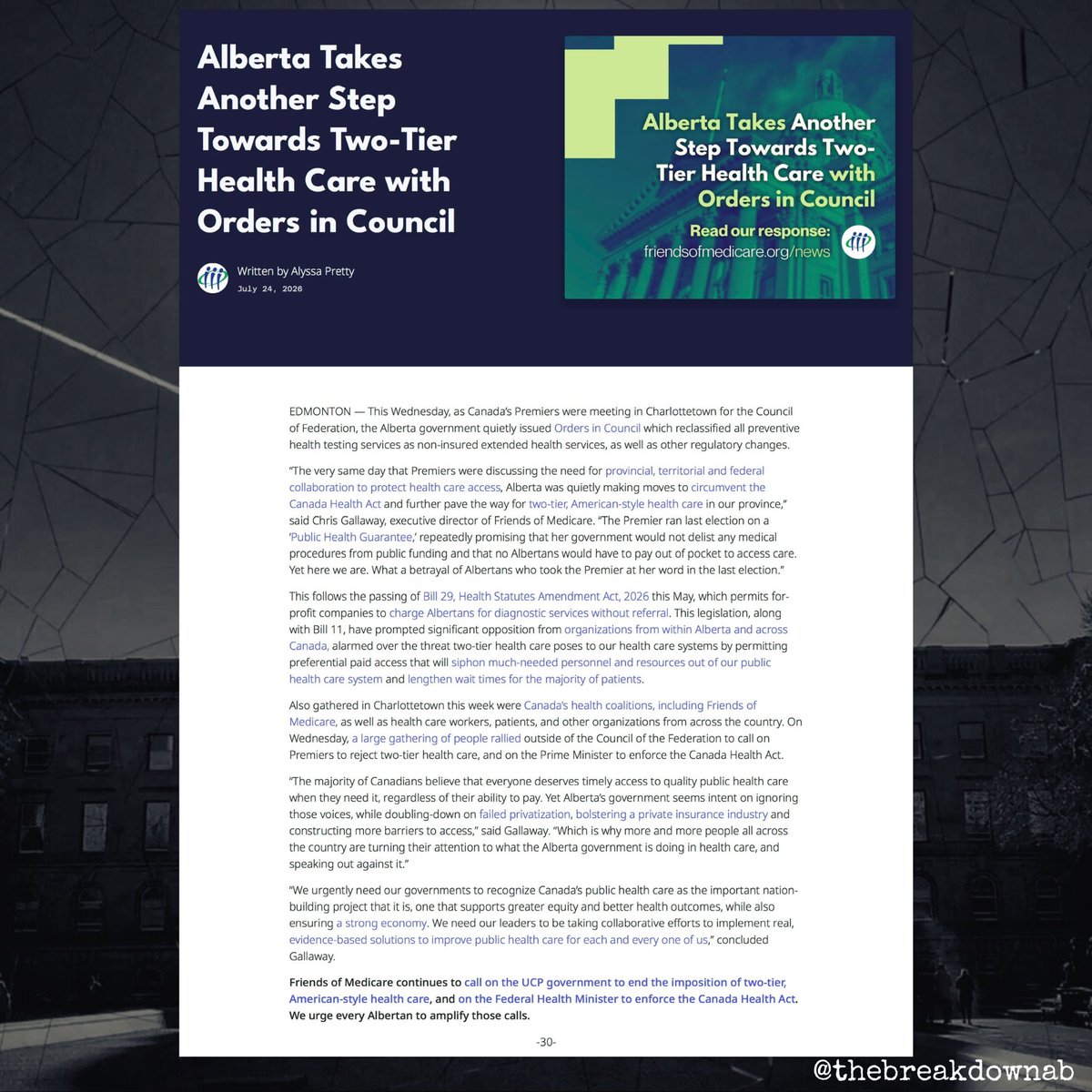TheBreakdownAB's tweet photo. “The Premier ran last election on a ‘Public Health Guarantee,’ repeatedly promising that her government would not delist any medical procedures from public funding and that no Albertans would have to pay out of pocket to access care. Yet here we are."

#abpoli #ableg #cdnpoli https://t.co/OSUYAm2ahL