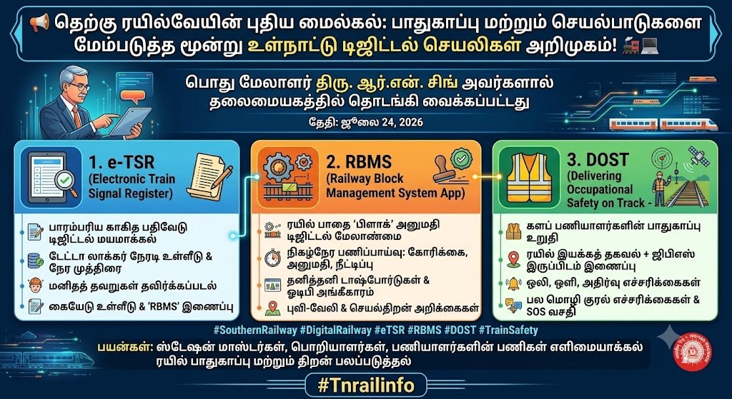TNRailinfo's tweet photo. 📢 தெற்கு ரயில்வேயின் புதிய மைல்கல்: பாதுகாப்பு மற்றும் செயல்பாடுகளை மேம்படுத்த மூன்று உள்நாட்டு டிஜிட்டல் செயலிகள் அறிமுகம்! 🚂💻
#SouthernRailway #DigitalRailway #eTSR #RBMS #DOST #TrainSafety #Tnrailinfo https://t.co/2kR9aMdIY3