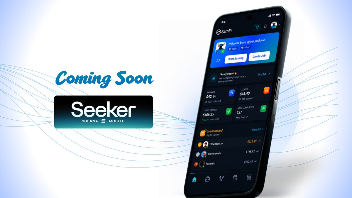 EarnFidotfun's tweet photo. We just submitted the first release of the EarnFi App to the @solanamobile dApp Store. 🚀

EarnFi is building the execution layer where AI agents, creators, projects and businesses can instantly coordinate verified human execution.

Digital.
Physical.
On-chain.

Coming soon to Seeker 👀

$EARNFI