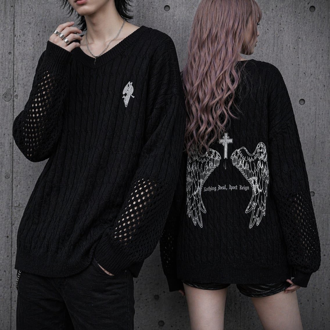 NieR_tokyo's tweet photo. ✨おすすめ商品案内✨

メッシュスリーブニット【BACK WING】

Ｖネックで首元スッキリ♪
ユニセックスで着られるメッシュスリーブニットになります✨

是非この機会にチェックしてみてください🐰
https://t.co/ToMqLIhxS2 https://t.co/BUCrLXrua6