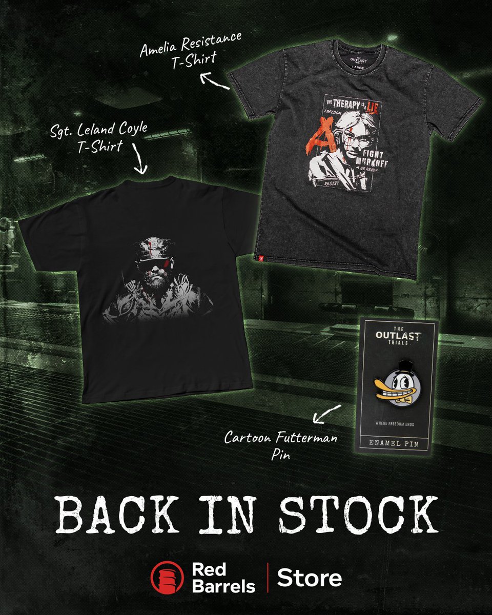 TheRedBarrels's tweet photo. Oh honey, our #TheOutlastTrials Project Boneyard merch just dropped! 🤠 We know you've been waiting for some restocks as well, so check out all the Red Barrels Store items now available on our shop 🛍️ https://t.co/c1xPdzMipw
__________

Oh chéri, notre collection de #ProjectBoneyard de #OutlastTrials vient de sortir! 🤠 On sait que vous attendiez aussi avec impatience le retour de certains articles, alors découvrez tous les produits désormais disponibles dans notre boutique #RedBarrels 🛍️ https://t.co/EntenjGaT5

#Outlast #horrorgames #jeuxdhorreur