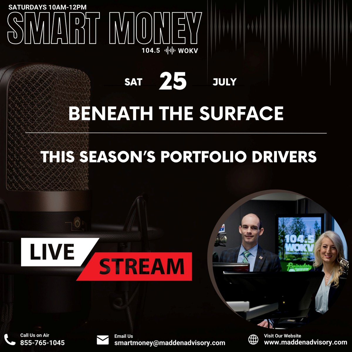 MaddenAdvisory's tweet photo. Diving in at 10.

Headlines ripple the surface. The currents underneath move the money. This morning on #SmartMoney, Mike & Brittany haul up what’s actually driving portfolios this season.

Call in or listen on 104.5 WOKV, your favorite app, or stream at https://t.co/IT44S6NGrl

#FinancialPlanning #Retirement #Investing