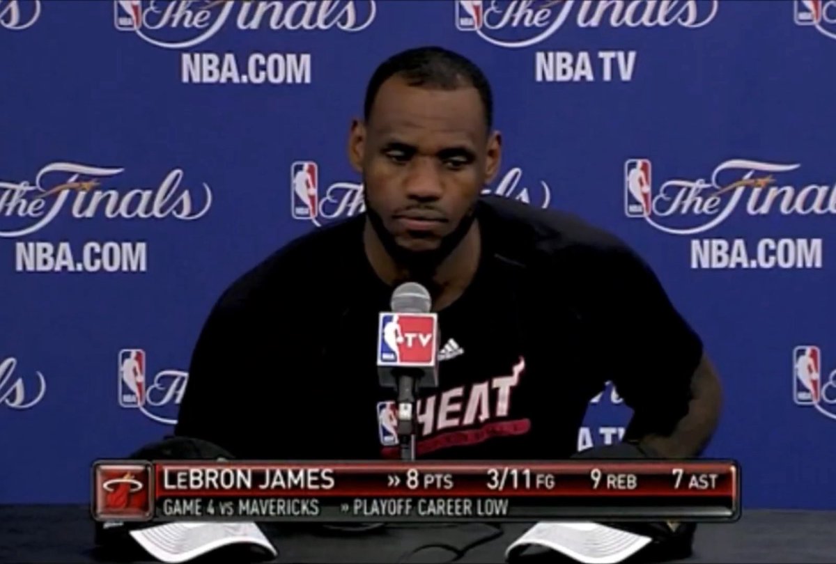 TwoWayDav's tweet photo. LeBron James Game 4 vs Dallas (6/7/2011):
8 PTS
3/11 FG
0/3 3P
2/4 FT
4 TOV
-6
We need real winners. #TeamMJ https://t.co/xFlPrtQtdh