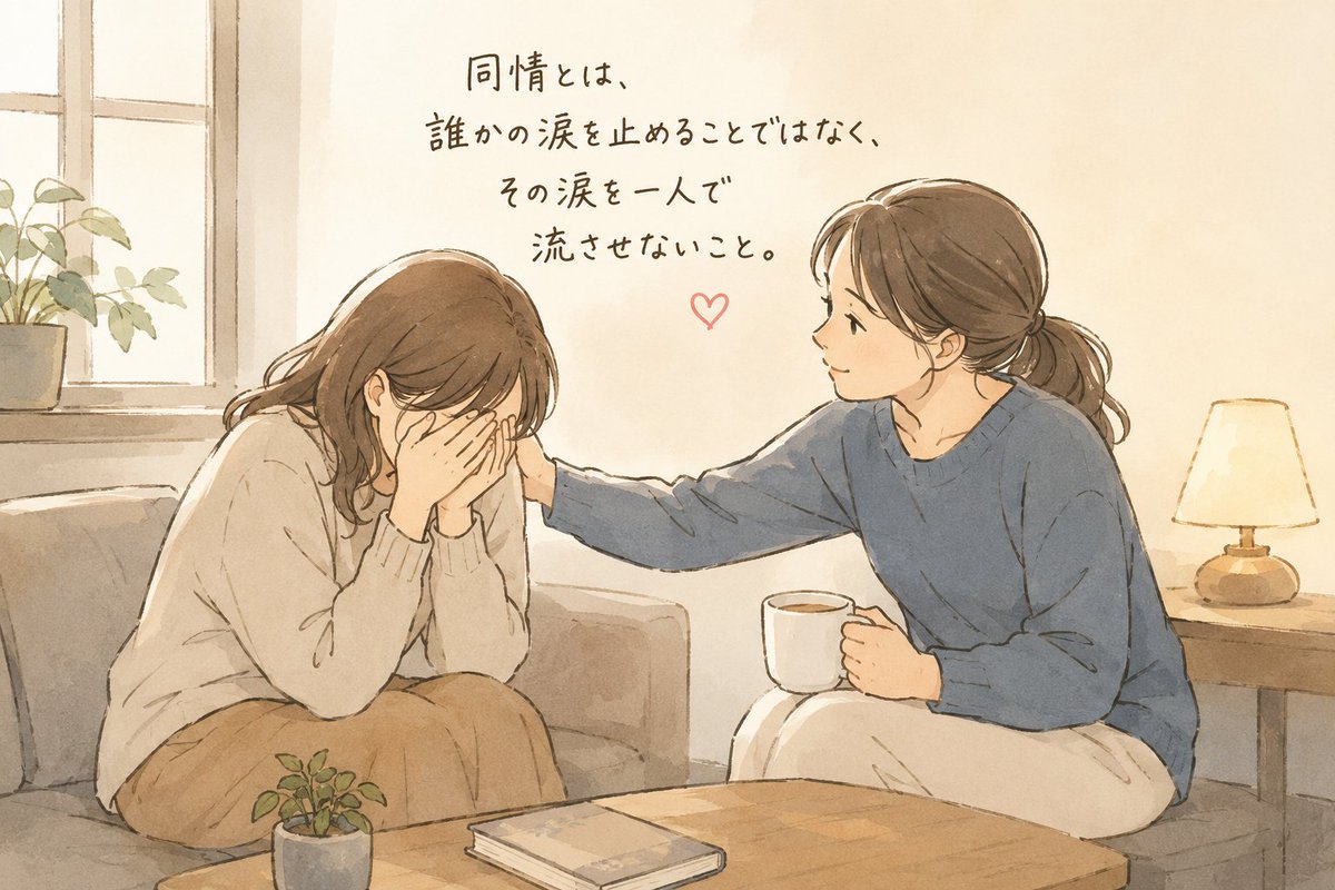 lovedogcat's tweet photo. 「同情する」とは、かわいそうだと思うことなのでしょうか？😢💭 本当の同情とは、相手を上から見て「助けてあげる」ことではなく、その人の痛みのそばに静かに立つことなのかもしれません。✨😂

🕊️❤️ 人の苦しみは、外から見ただけではわかりません。失恋💔、病気🌧️、孤独🌙、挫折🍂……同じ出来事でも、その痛みの深さは一人ひとり違います。だから簡単に「わかるよ」と言わなくてもいいのです。

🌱✨ むしろ、「あなたの苦しみを全部理解することはできない。でも、あなたが苦しんでいることは大切に受け止めたい」

🤝💞――そんな姿勢こそ、本当の同情ではないでしょうか。人は正しい言葉で救われるとは限りません。📖 ときには黙って隣に座ること☕、話を遮らず聞くこと👂、そっと手を差し伸べること🤲が、何百の励ましより心に届きます。

✨🌈 同情とは、誰かの涙を止めることではなく、**その涙を一人で流させないこと。**😢❤️ そんな優しさが、人と人を深く結んでいくのだと思います。🌍🕊️