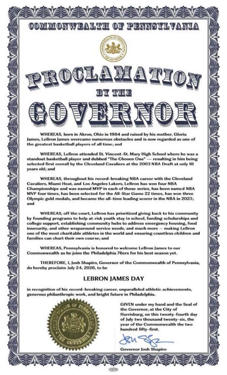 PollTracker2024's tweet photo. Pennsylvania Governor Josh Shapiro proclaims July 24 as “LeBron James Day” in Pennsylvania after LeBron joins Philadelphia 76ers https://t.co/ChScgYtahZ