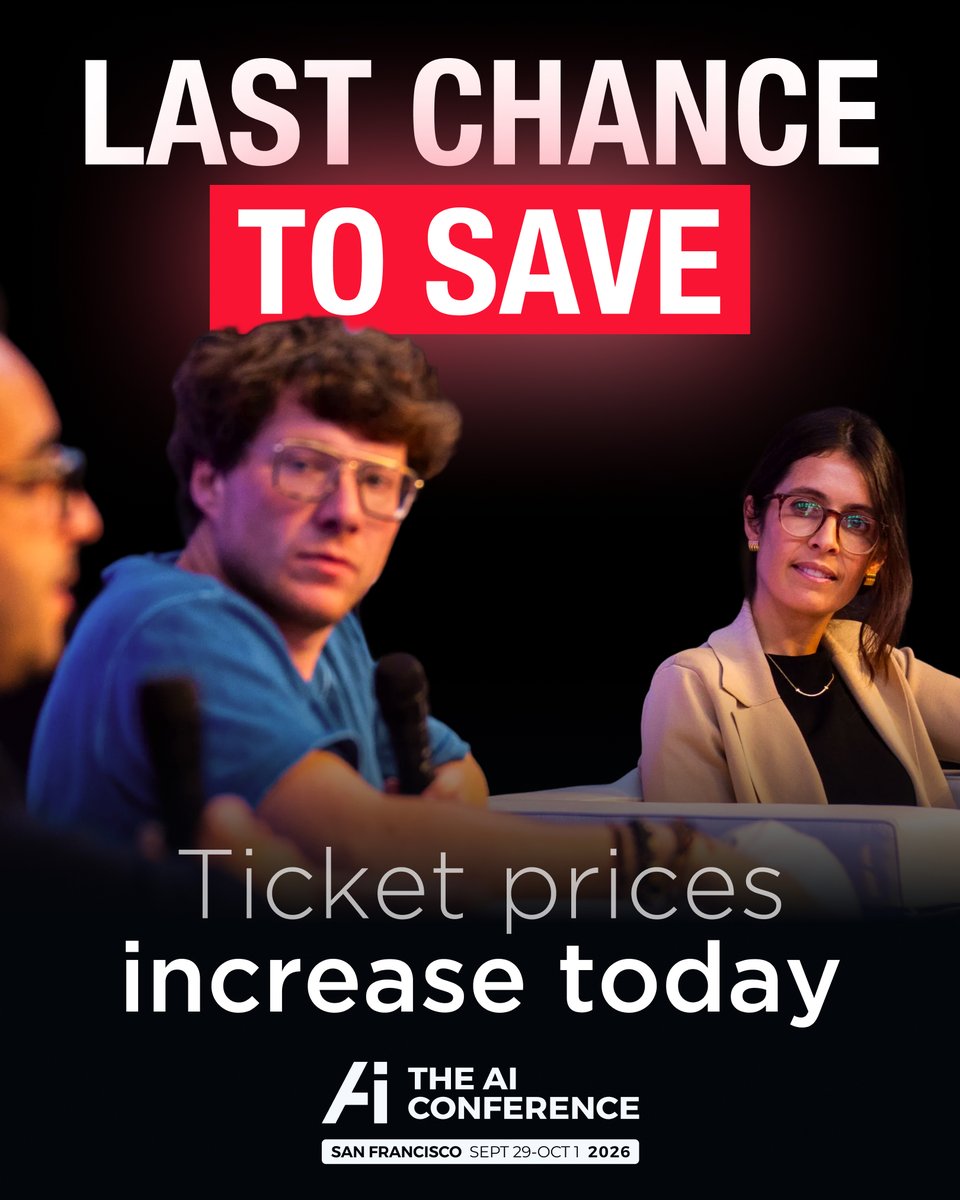 AIconference's tweet photo. Last chance to save.

Ticket prices increase today, and this is your final opportunity to lock in the current rate for The AI Conference 2026.

Join the builders turning AI into production systems, products, and real-world impact. https://t.co/4V76UwzmuT