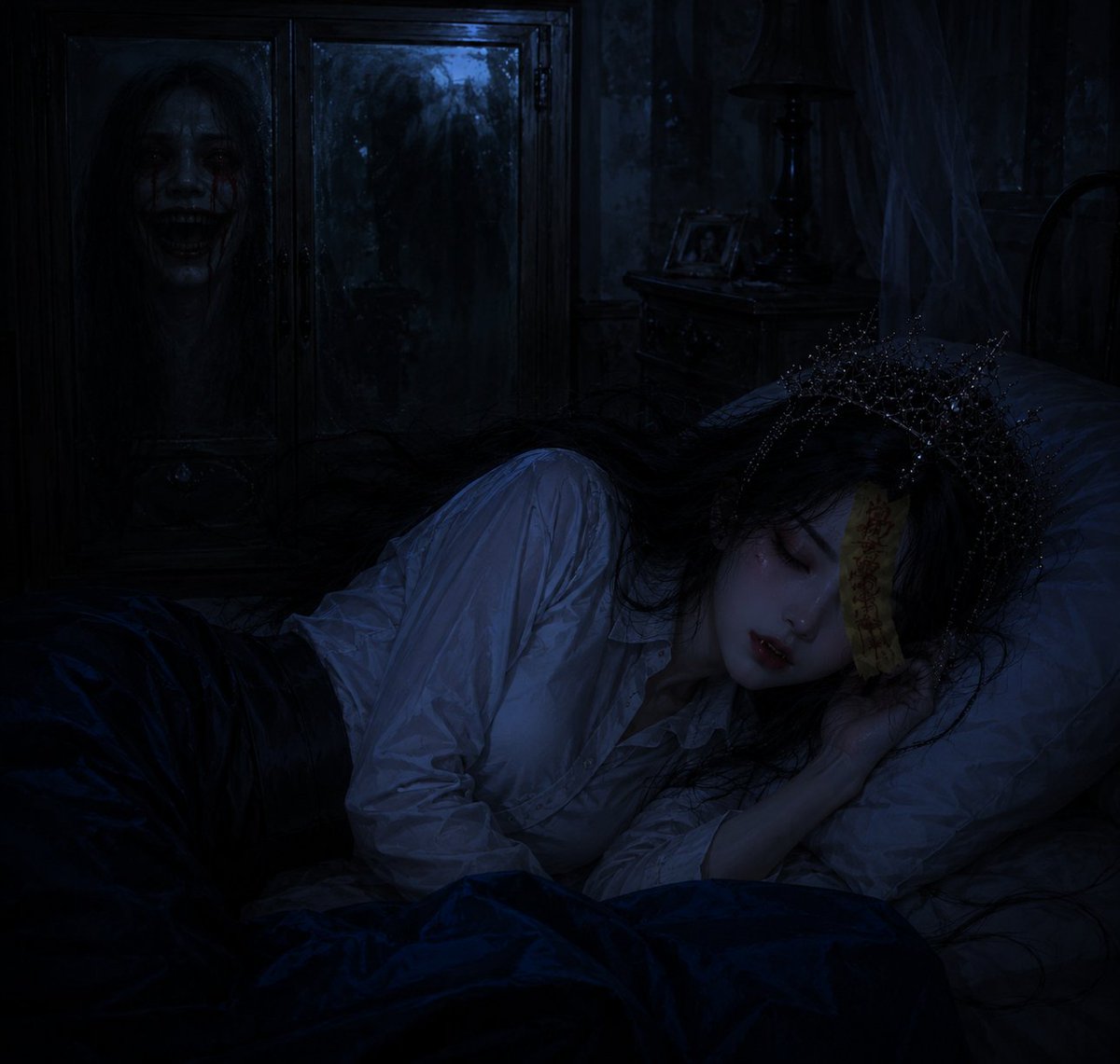 ngochoa2k2's tweet photo. the house is finally quiet

except for the breathing inside your closet

sleep well 😬 

wandering souls... whether u carry a blue check or not. https://t.co/44vaUp90Nf