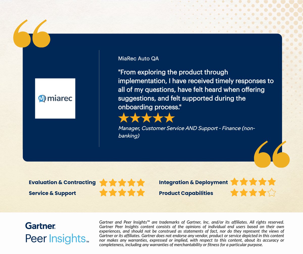 MiaRecInc's tweet photo. Manager,  Customer Service and Support in the Finance (non-banking) Industry gives MiaRec Auto QA 5/5 Rating in Gartner Peer Insights™ Contact Center Infrastructure Market. 

Read the full review here: https://t.co/yHi0Mj3hJv 

#gartnerpeerinsights #miarec https://t.co/kLDhqQ9HW2