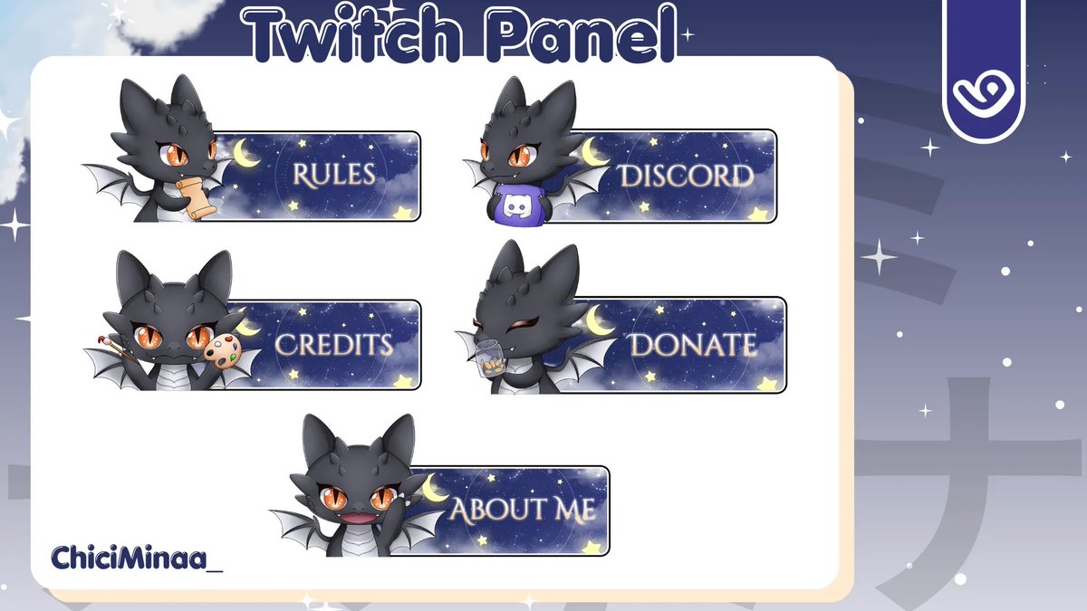 ChiMinaa__'s tweet photo. Looking for a budget friendly Twitch upgrade? 👀🩵

🦋 Custom Twitch Panels starting at $10!

Feel free to DM me or visit here:
✨ https://t.co/XWy83aSJJY 

#StreamingAsset #vtuber #opencommisions https://t.co/PfNN3nKWGK