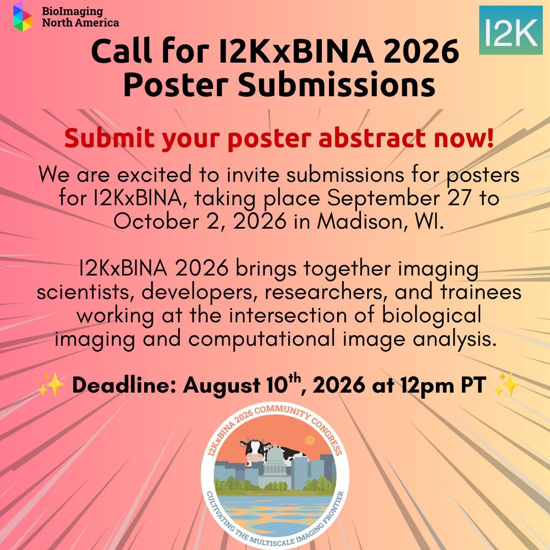 BioimagingNA's tweet photo. #HappyFluorescenceFriday #microscopycommunity - With I2KxBINA coming up soon, this is a reminder that the poster submission is open until August 10th! Come showcase your work at I2KxBINA 2026! 
Submit now!: https://t.co/BJldOJL1Ke https://t.co/TFQypY8mmO