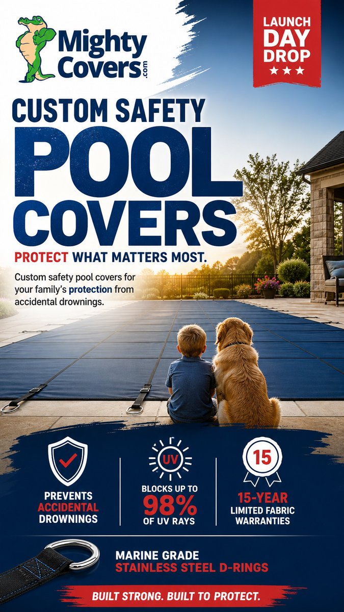 MightyCoverscom's tweet photo. An open pool is a 24/7 hazard. Secure it. Our custom safety covers are engineered with marine-grade steel D-rings to prevent accidental drownings and protect what matters most. Backed by a 15-year warranty. Is your backyard secure? #PoolSafety #HomeImprovement https://t.co/OnSrzSHath