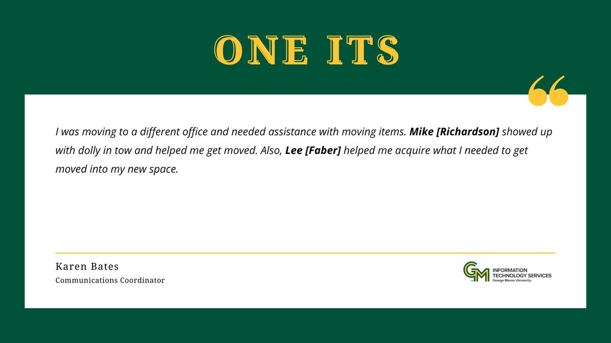 GeorgeMasonITS's tweet photo. Join us every Friday for our One ITS series 💚💛 https://t.co/GrMm9M2gQe