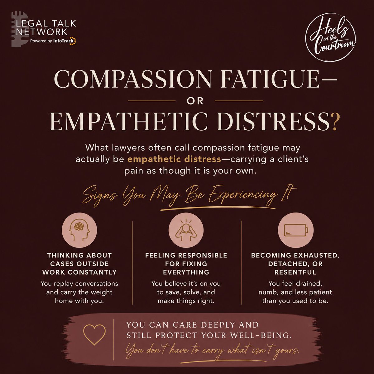 LegalTalkNet's tweet photo. ⚠️ Burnout may begin with carrying too much.
Emotional boundaries can protect your effectiveness and energy.
🎙️ Build a more sustainable approach to client care: https://t.co/b9KhpI307E
Keep practical legal wellness insights in your feed.
#Lawyers #LegalProfession #AttorneyWellness #LawFirmManagement